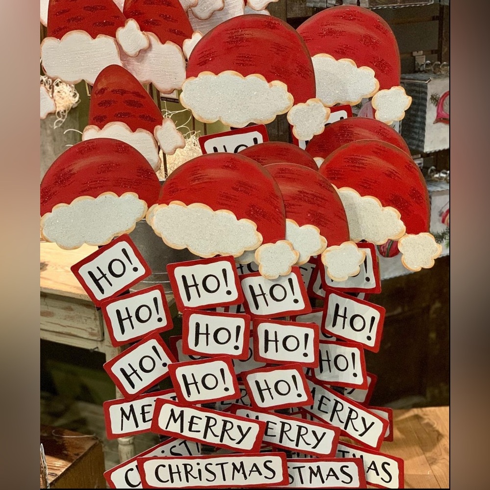 Festive Red and White Santa Hat Holiday Decor Metal Stake Hohoho Merry Christmas